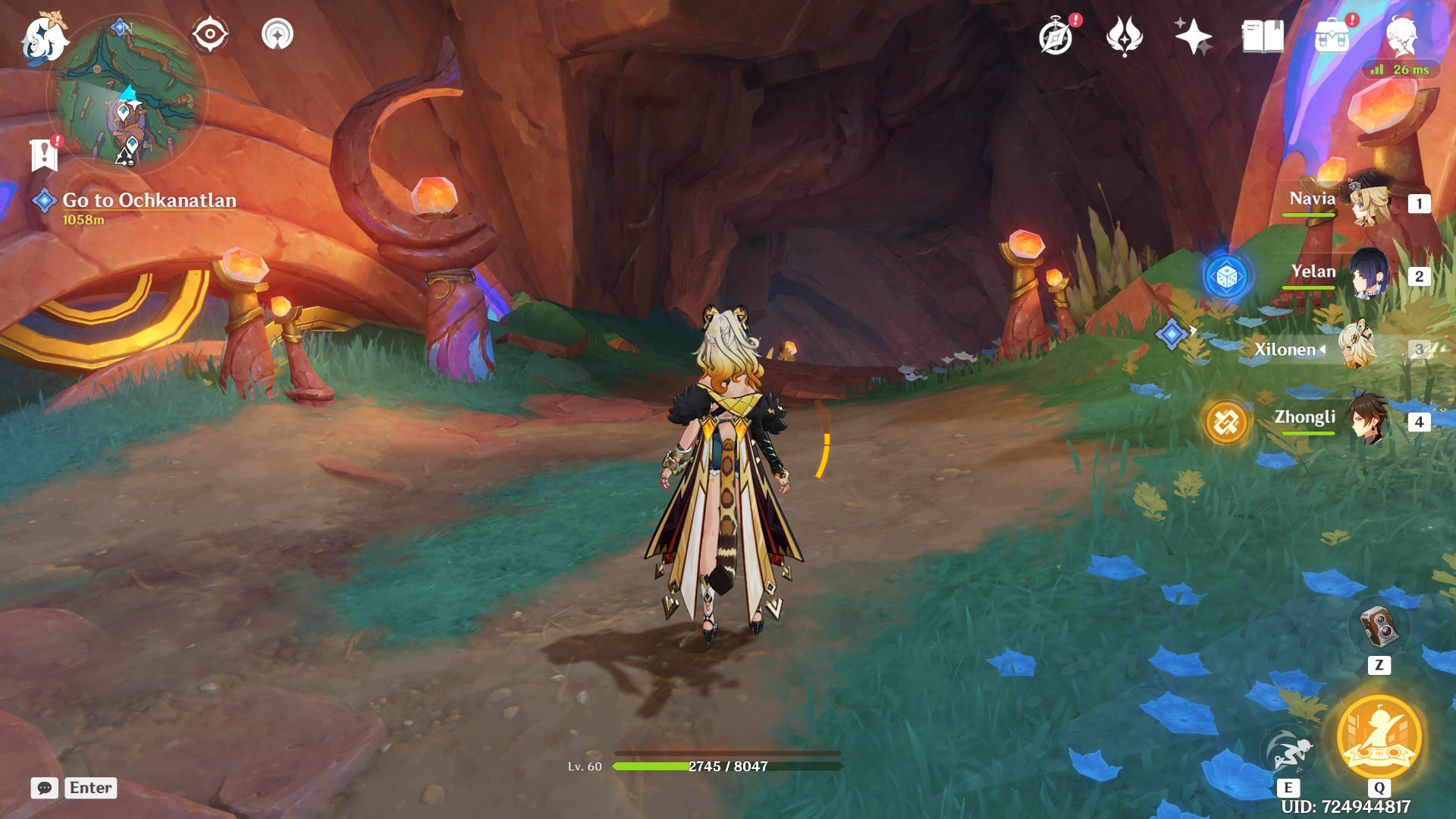 Xilonen standing at the entrance to a cave that leads to the Masters of the Night-Wind Reputation in Genshin Impact.