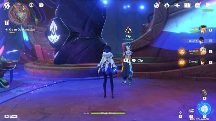 Yelan looking at the Masters of the Night-Wind Reputation system NPC in Genshin Impact.