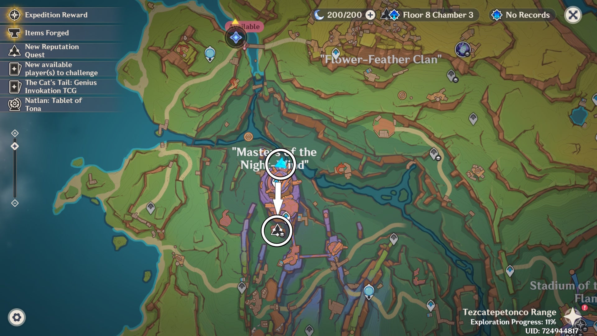 Two circles on a map showing how to get to the Masters of the Night-Wind Reputation in Genshin Imapct.