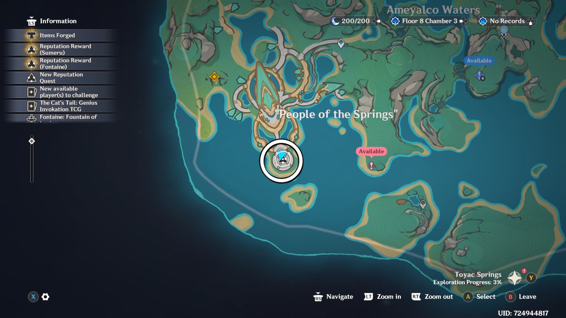 Map view with a white circle showing the location of the People of the Springs Repuation in Genshin Impact.