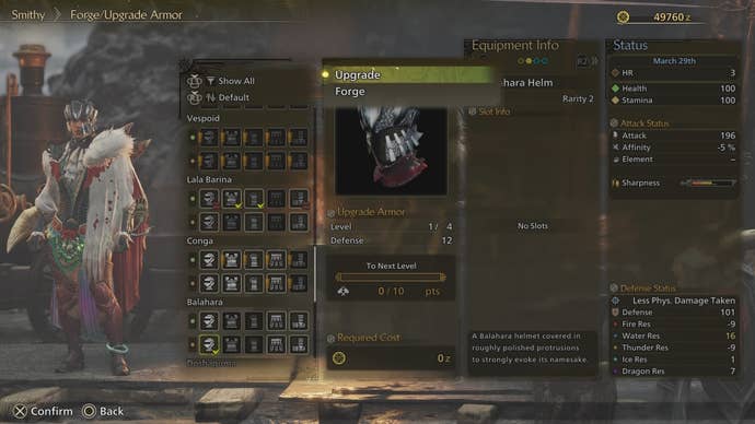 The upgrade armor menu at the Smithy in Monster Hunter Wilds.