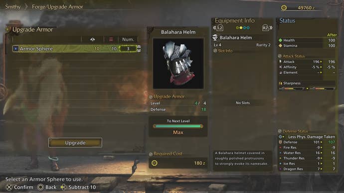 The upgrade armor menu at the Smithy in Monster Hunter Wilds.