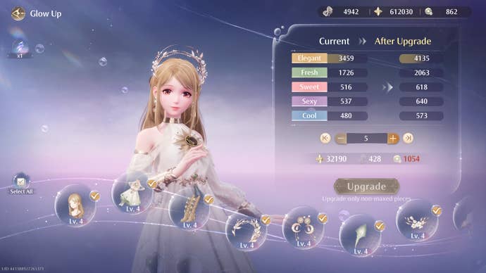 The Glow Up menu in Infinity Nikki showing partially upgraded outfit pieces.