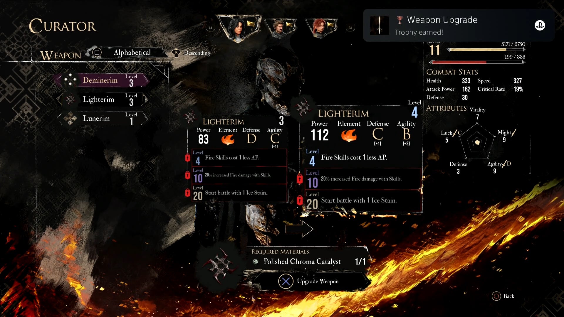 Upgrading a weapon with The Curator in Clair Obscur Expedition 33.