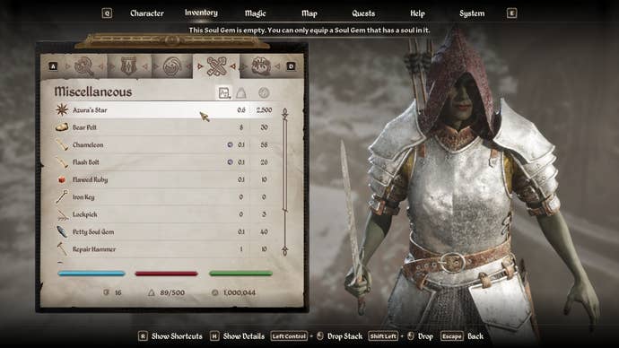 The Azura star in the inventory of players with Oblivion remaster.