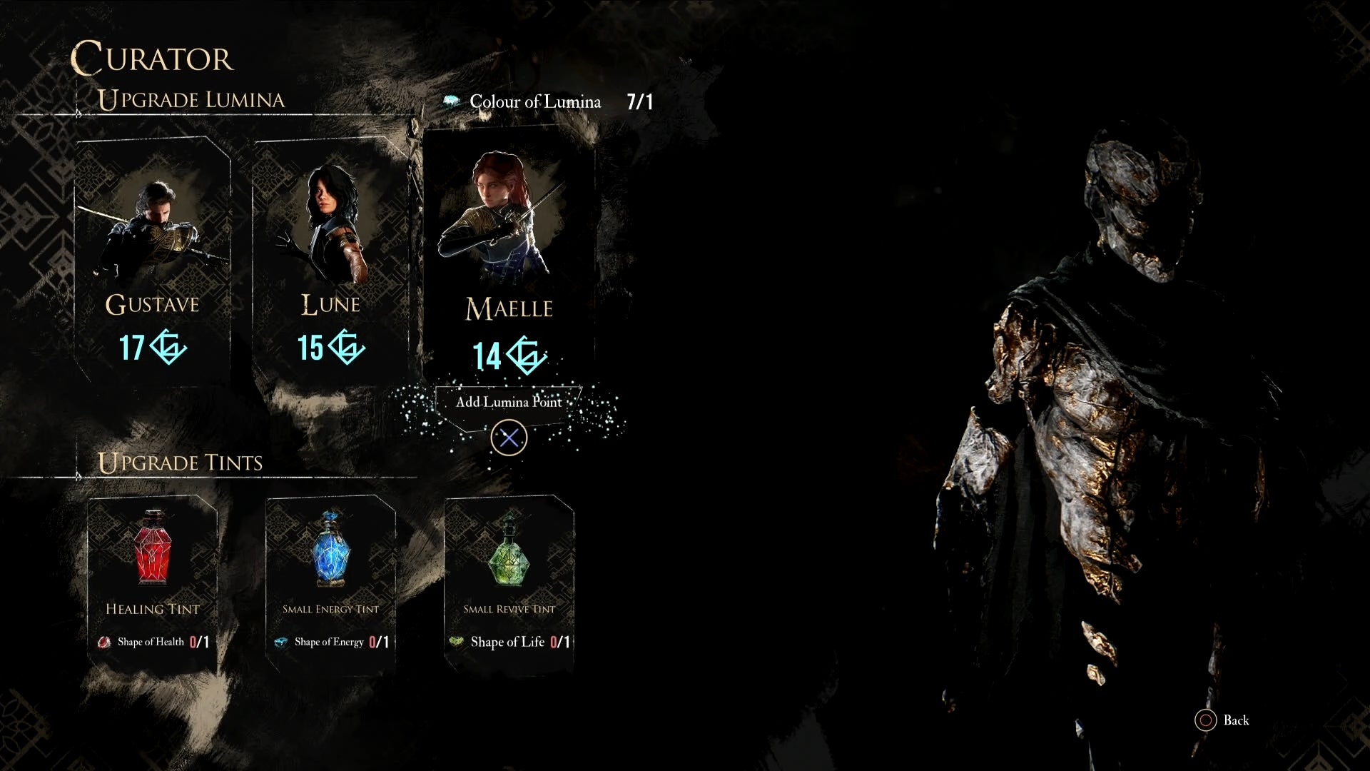 The Curator&rsquo;s Lumina Points upgrade menu in Clair Obscur Expedition 33.