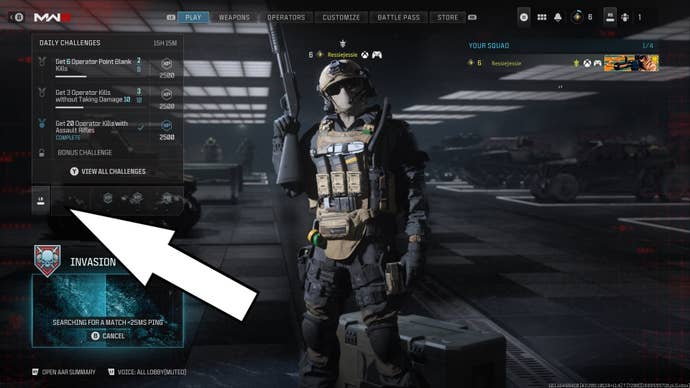 an arrow pointing to the button that brings up the double xp menu while waiting in modern warfare 3’s multiplayer lobby