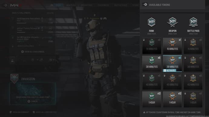 the double xp token menu showing how many weapon, player, and battle pass tokens are available