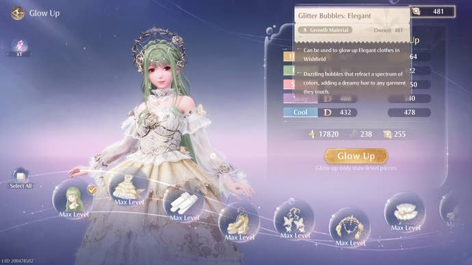 The Glow Up menu with the Wishful Aurosa outfit selected in Infinity Nikki.