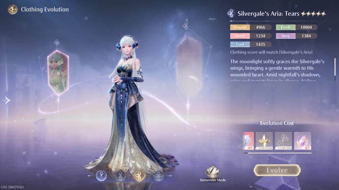 The evolution menu for Silvergale’s Aria in Infinity Nikki.