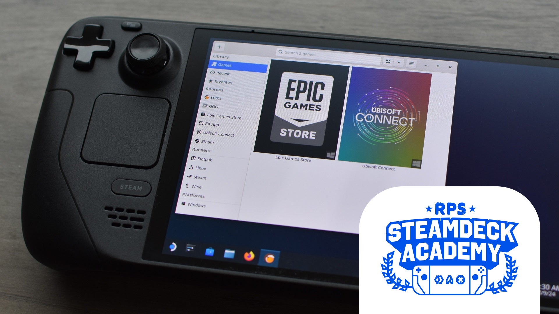 Lutris running on a Steam Deck. The RPS Steam Deck Academy logo is added in the bottom-right corner. - 1