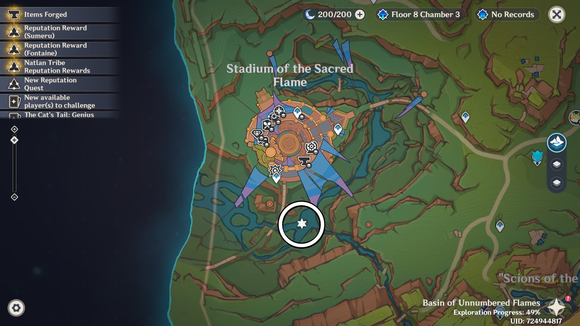 A white circle on a map showing the location of where to use the Night Jade item in Genshin Impact.