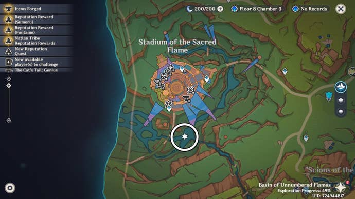 A white circle on a map showing the location of where to use the Night Jade item in Genshin Impact.