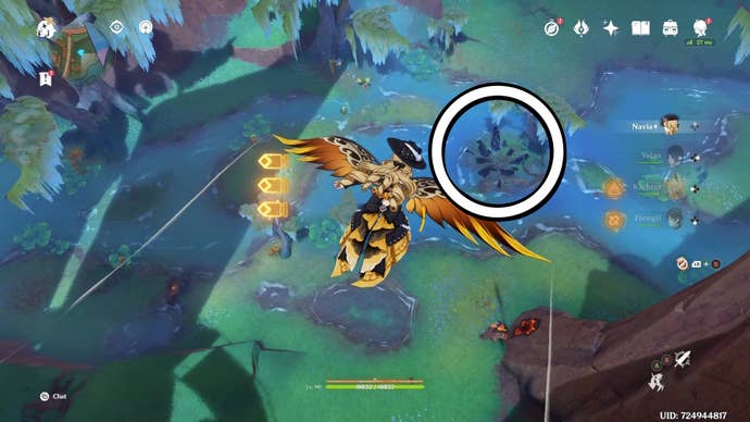 White circle showing the location of where to use the Night Jade item in Genshin Impact.