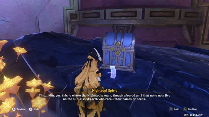 Navia talking to the Nightsould Spirit cat in Genshin Impact.