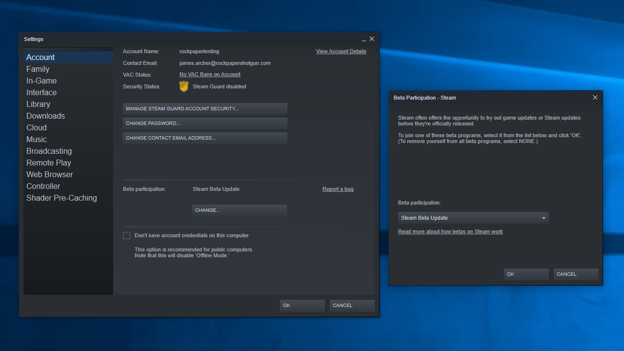 Step 1 of how to use Nintendo Joy-Cons on PC: Opting into the Steam Beta client through Steam&rsquo;s account settings menu.
