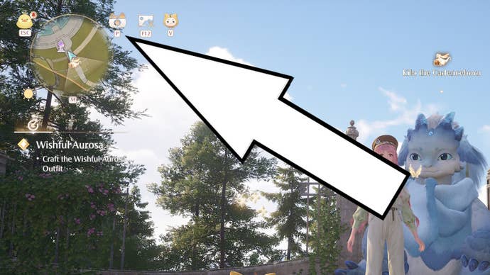 A white arrow pointing to the Photo Mode symbol on PC in Infinity Nikki.