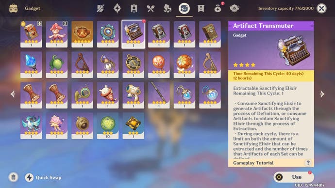 View of the Tramsmuter artifact menu selected in the Gadget menu of Genshin Impact.