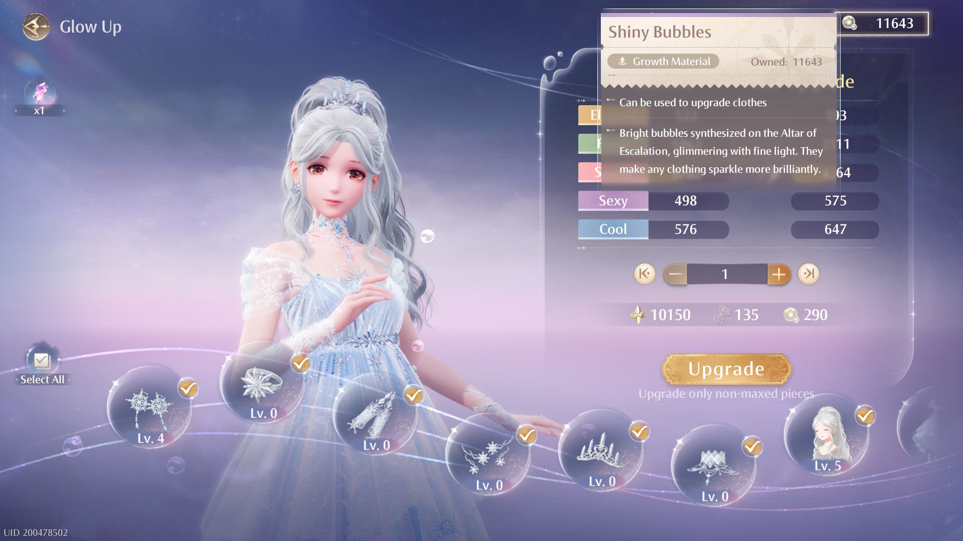 The Crystal Poems outfit in the Glow Up menu with Shiny Bubble highlighted in Infinity Nikki.