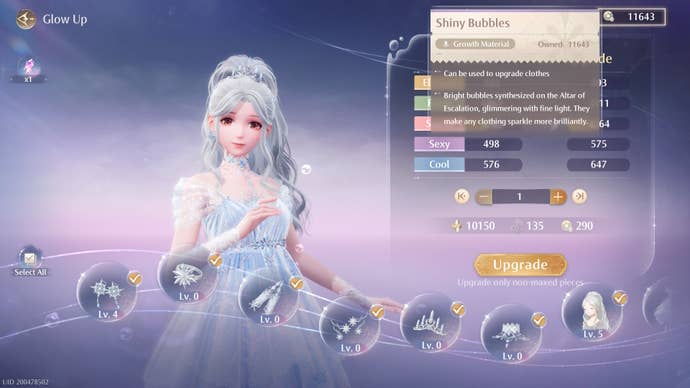 The Crystal Poems outfit in the Glow Up menu with Shiny Bubble highlighted in Infinity Nikki.