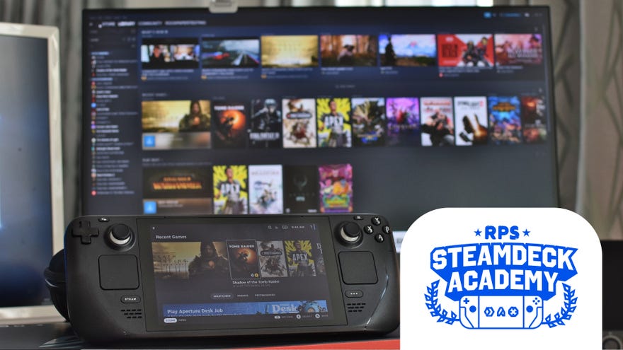A Steam Deck running Steam Remote Play, with the host PC's monitor in the background. The RPS Steam Deck Academy logo is added in the bottom right corner.