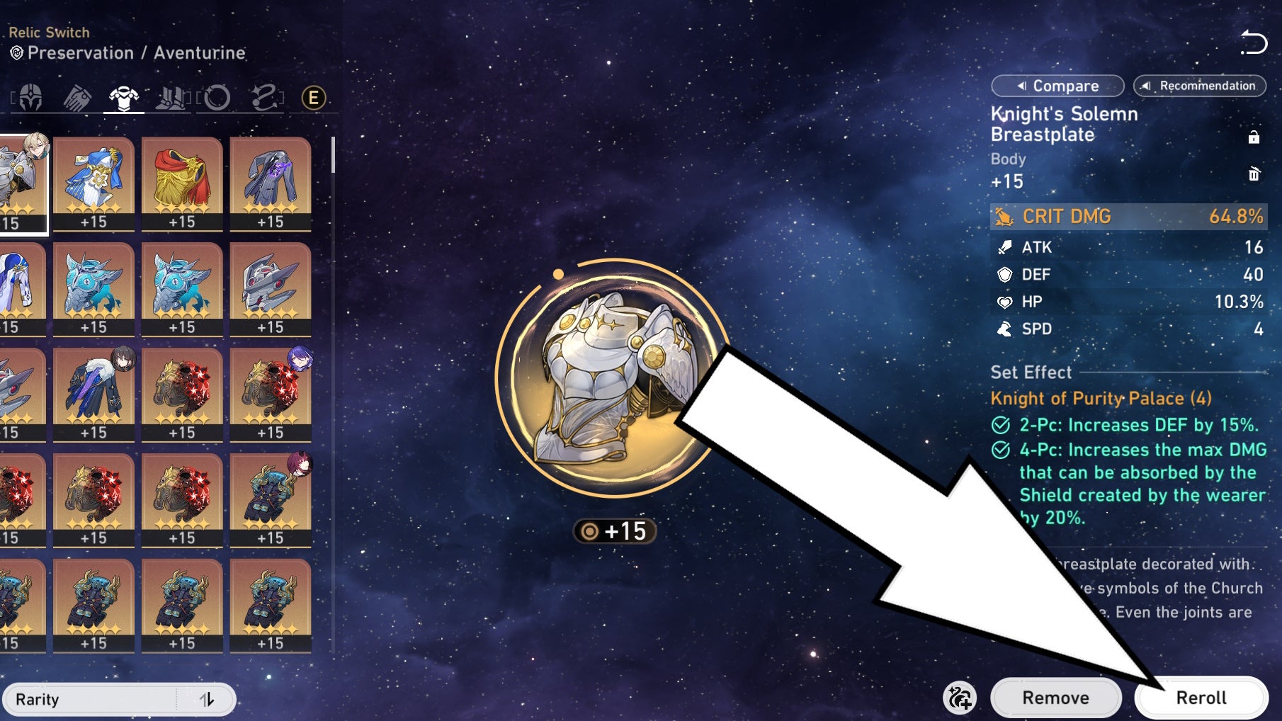 White arrow pointing to the reroll button on a Relic in Honkai Star Rail.