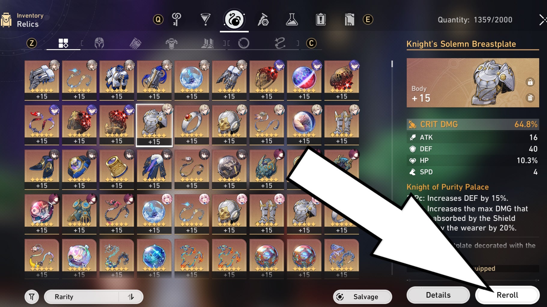 White arrow pointing to the reroll button on a Relic in Honkai Star Rail.
