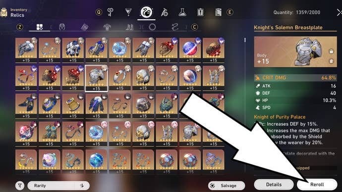 White arrow pointing to the reroll button on a Relic in Honkai Star Rail.