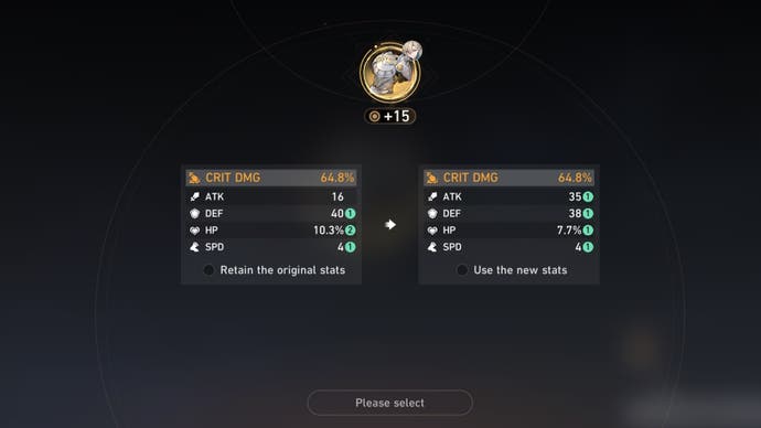 New and old stats if you reroll a relic with a variable die in Honkai Star Rail.