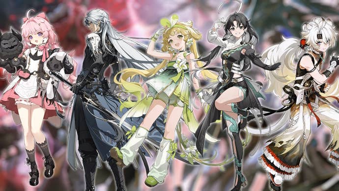 Character art of Encore, Calcharo, Verina, Jianxin and Lingyang from Wuthering Waves on a blurred background.