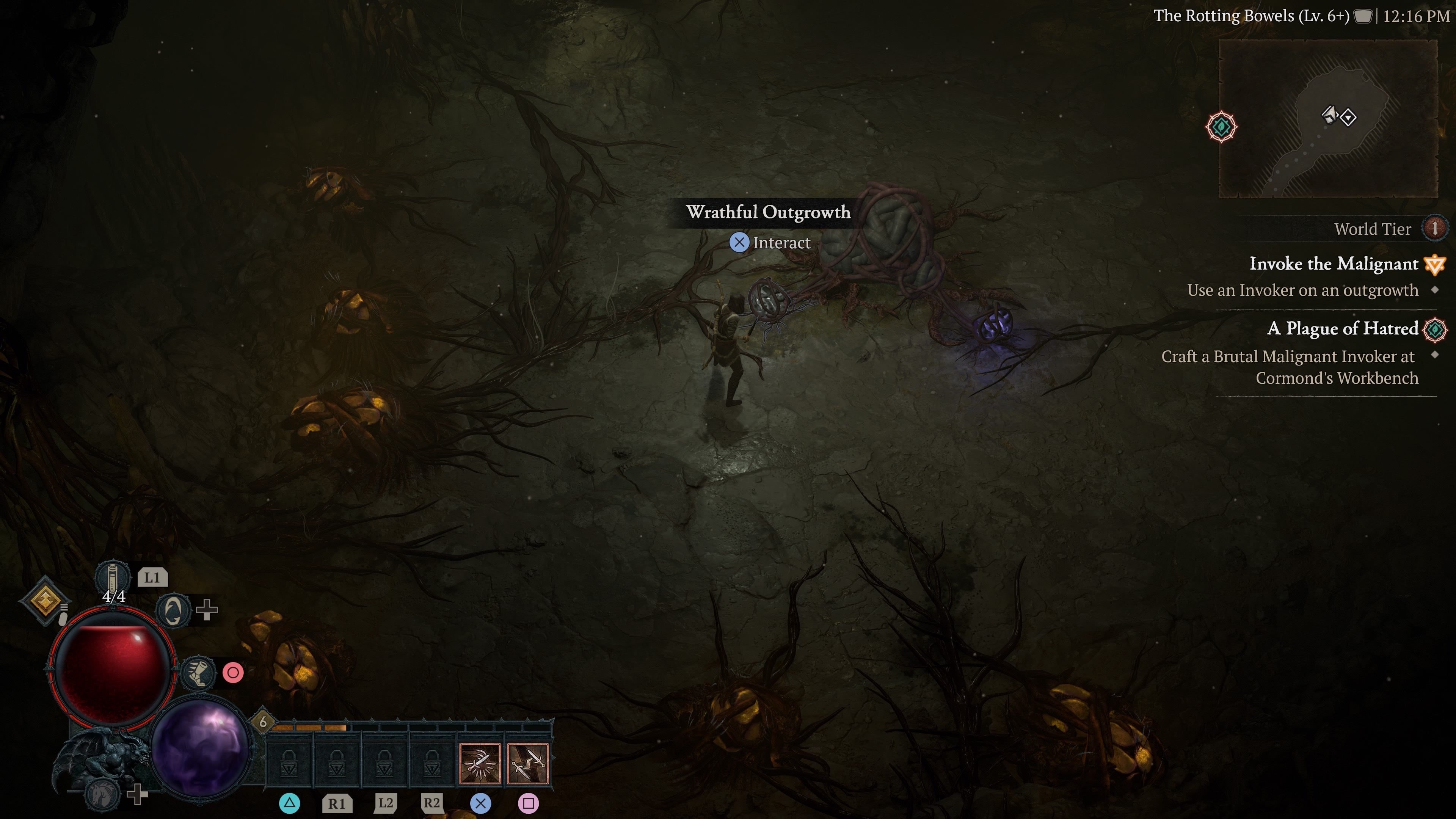 Rogue character class standing close to a green Wrathful Outgrowth.