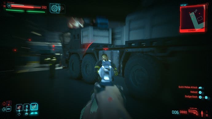 first person view of shooting an enemy in the head with a revovler with the sandevistan active which blurs the view slightly and adds a blue hue