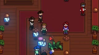 Haunted Chocolatier screenshot showing pixelated ghosts and humans in a chocolate shop