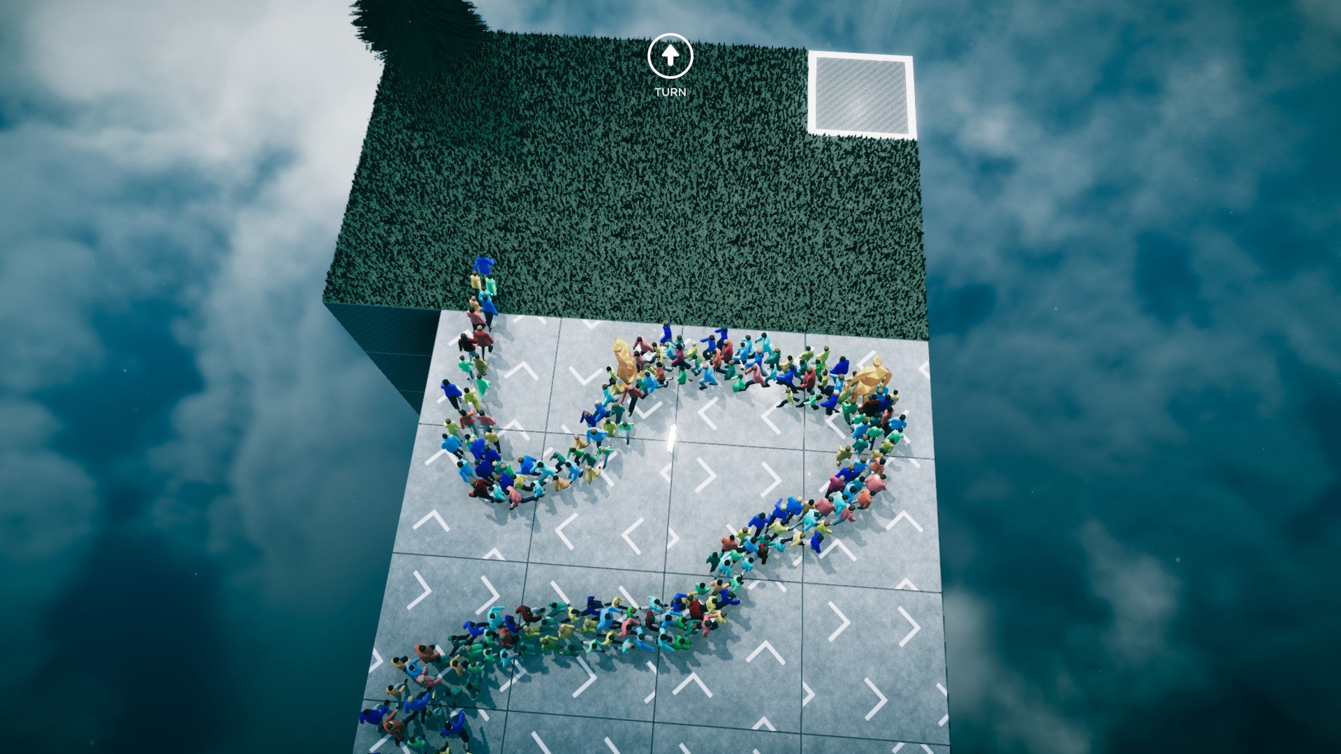 A queue of people snakes across a floating level in Humanity