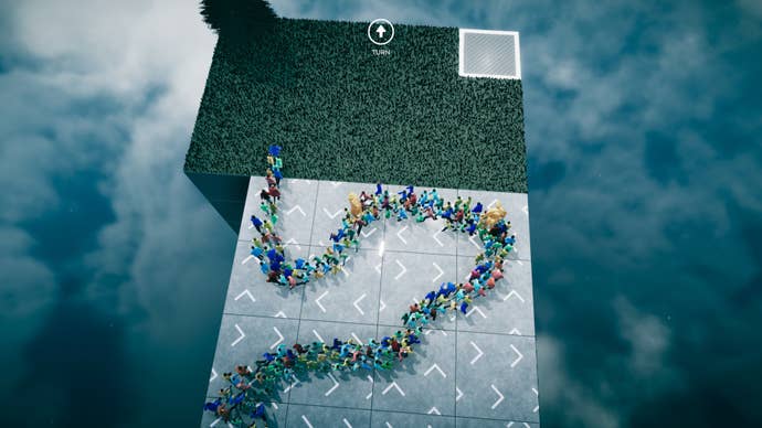 A queue of people snakes across a floating level in Humanity