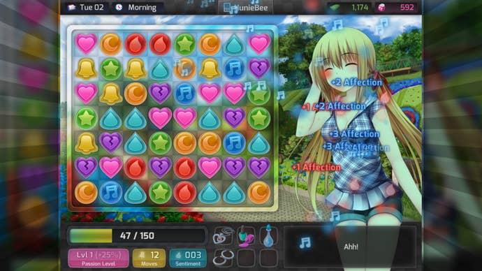 A match-three game is shown alongside an anime girl in HuniePop