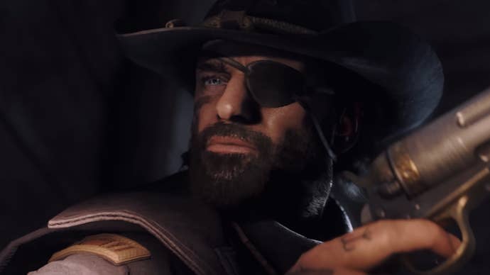 Hunt: Showdown 1896 trailer screenshot showing close up of man holding pistol in cowboy hat with eye patch