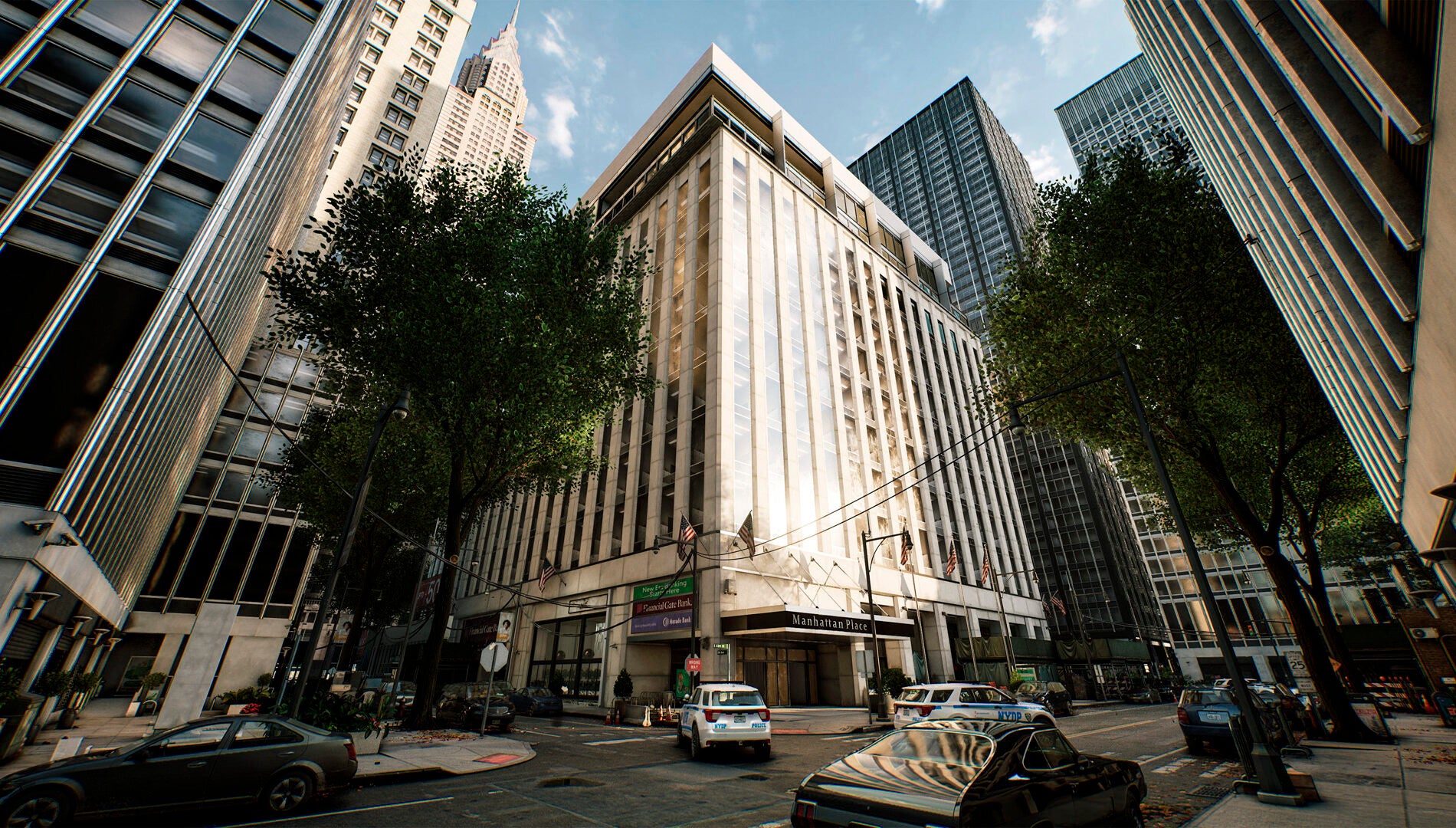 A street-level view of a gleaming New York city block with trees and cars below, from Hunter: The Reckoning - Deathwish.