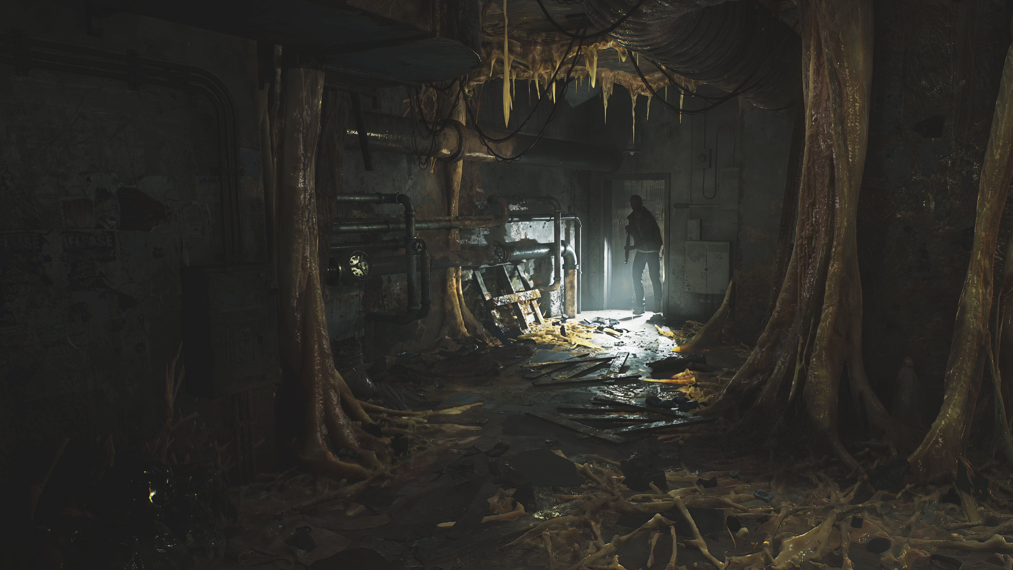 A view of a cavernous room full of dripping pale fleshy structures, with a shotgun-armed person shining a flashlight through a door a few metres away, from Hunter: The Reckoning - Deathwish