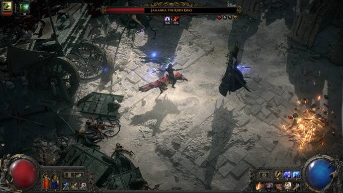 The Huntress in Path of Exile 2 riding on the back of a Rhoa - a large bird like creature.