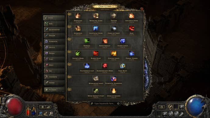 A menu from Path of Exile 2 showing the Huntress skill list. It’s not very interesting.