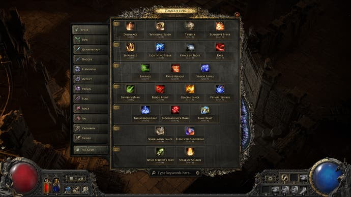 A menu from Path of Exile 2 showing the Huntress skill list. It's not very interesting.