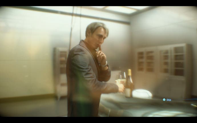 Mads Mikkelsen's likeness making the shh gesture to the camera in Death Stranding. What a handsome man he is.