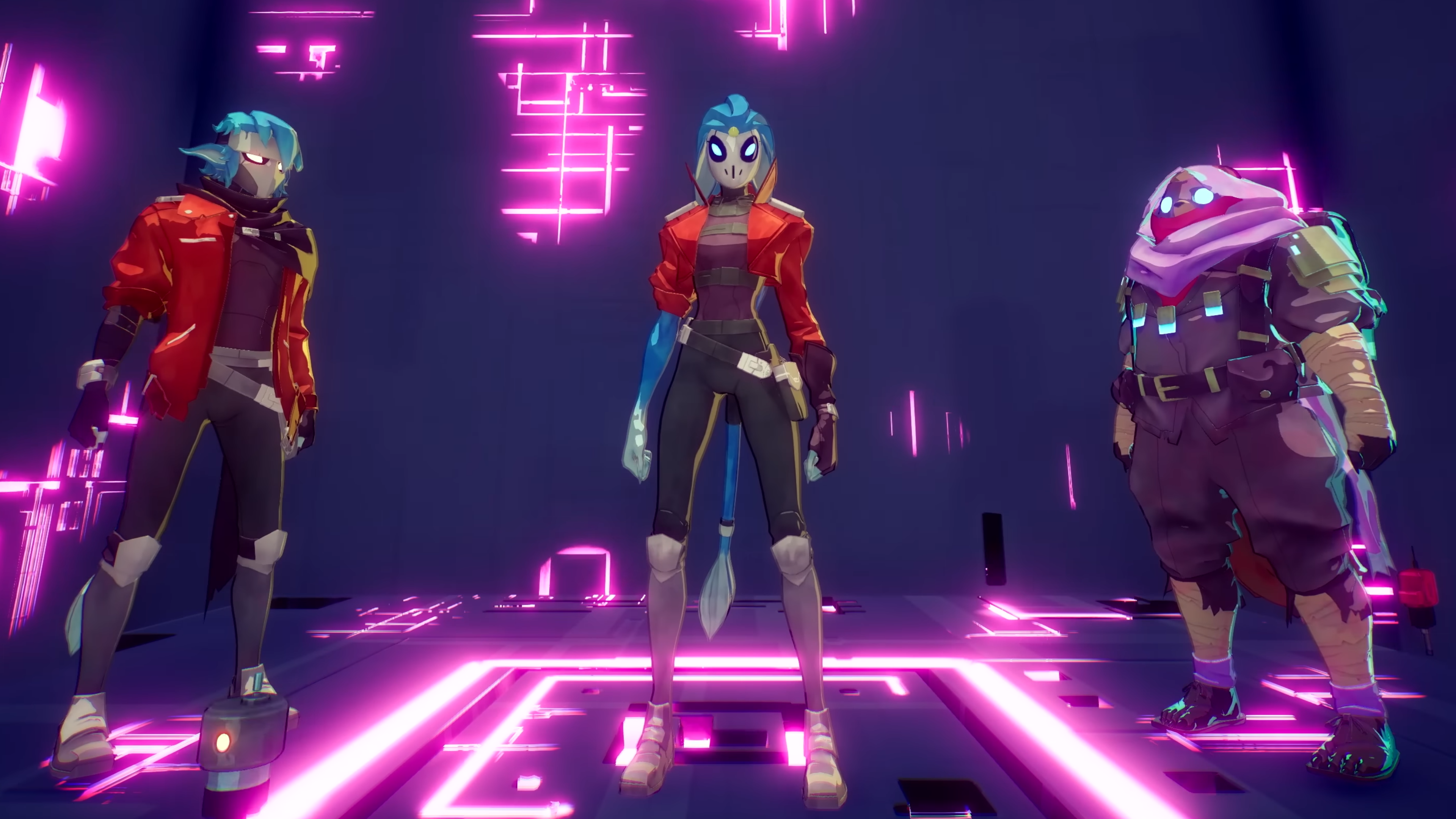 Screenshot from Hyper Light Breaker trailer showing three characters rising in a purple glowing lift