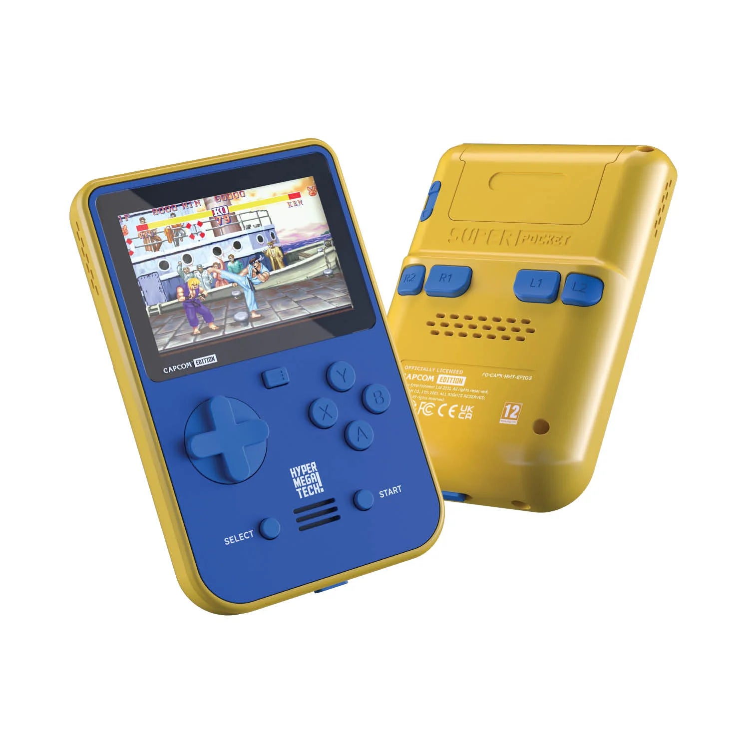 Two Super Pocket devices, seen from the front and back, in a charming Capcom-like yellow and blue colourway. - 3