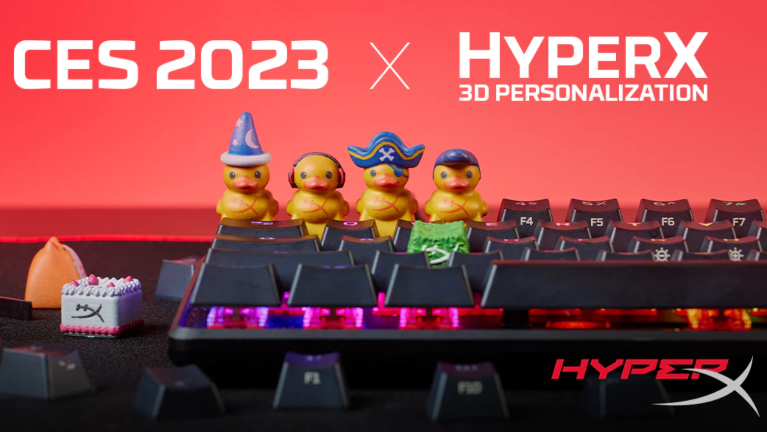 A promo shot for HyperX&rsquo;s HX3D service, with several 3D-printed duck keycaps atop a keyboard.