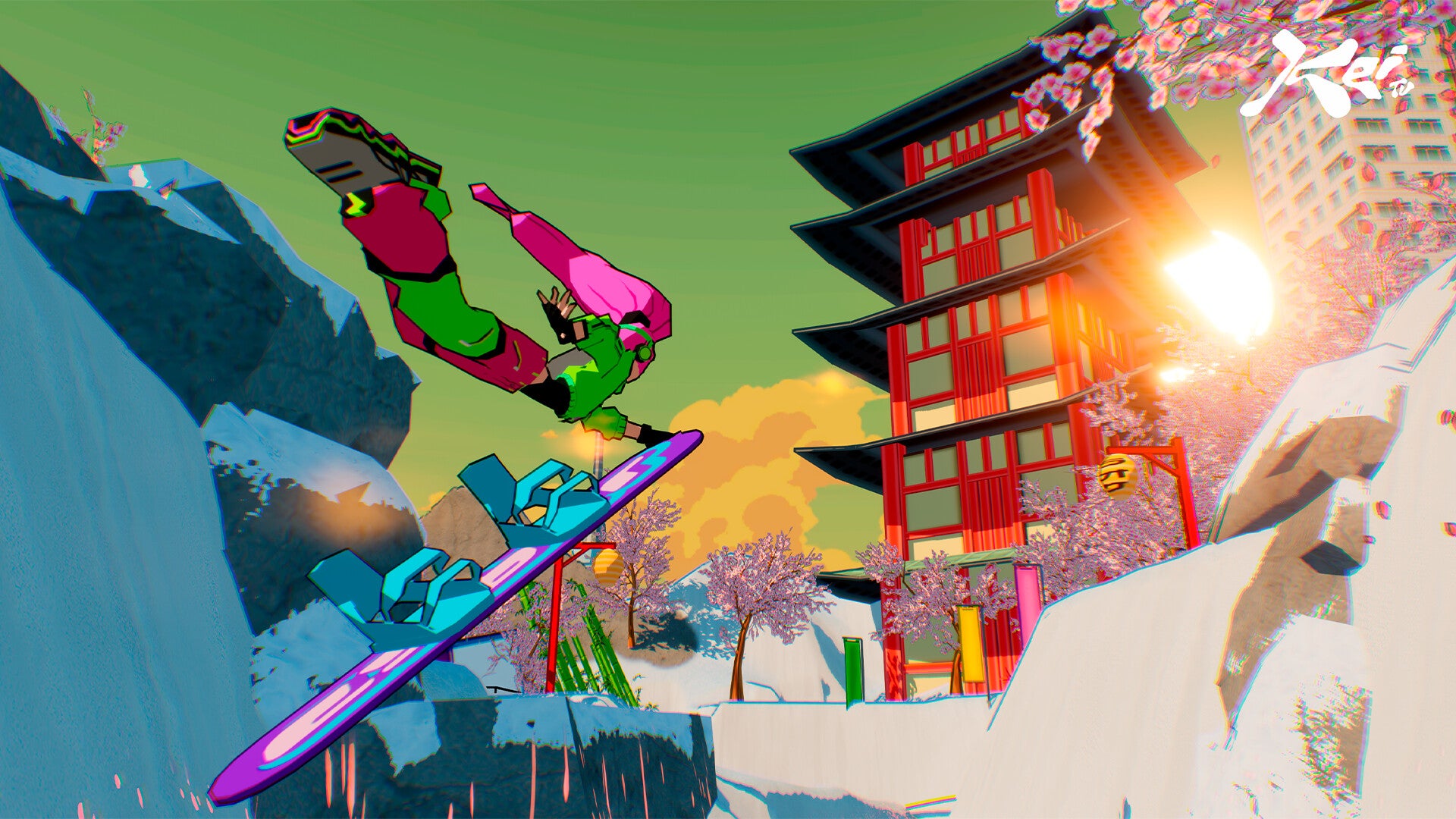 A snowboarder performing an aerial move where they lift their legs with a tall red traditional Japanese building in the background with stacked overlapping roofs, from the game HYPERyuki. - 1
