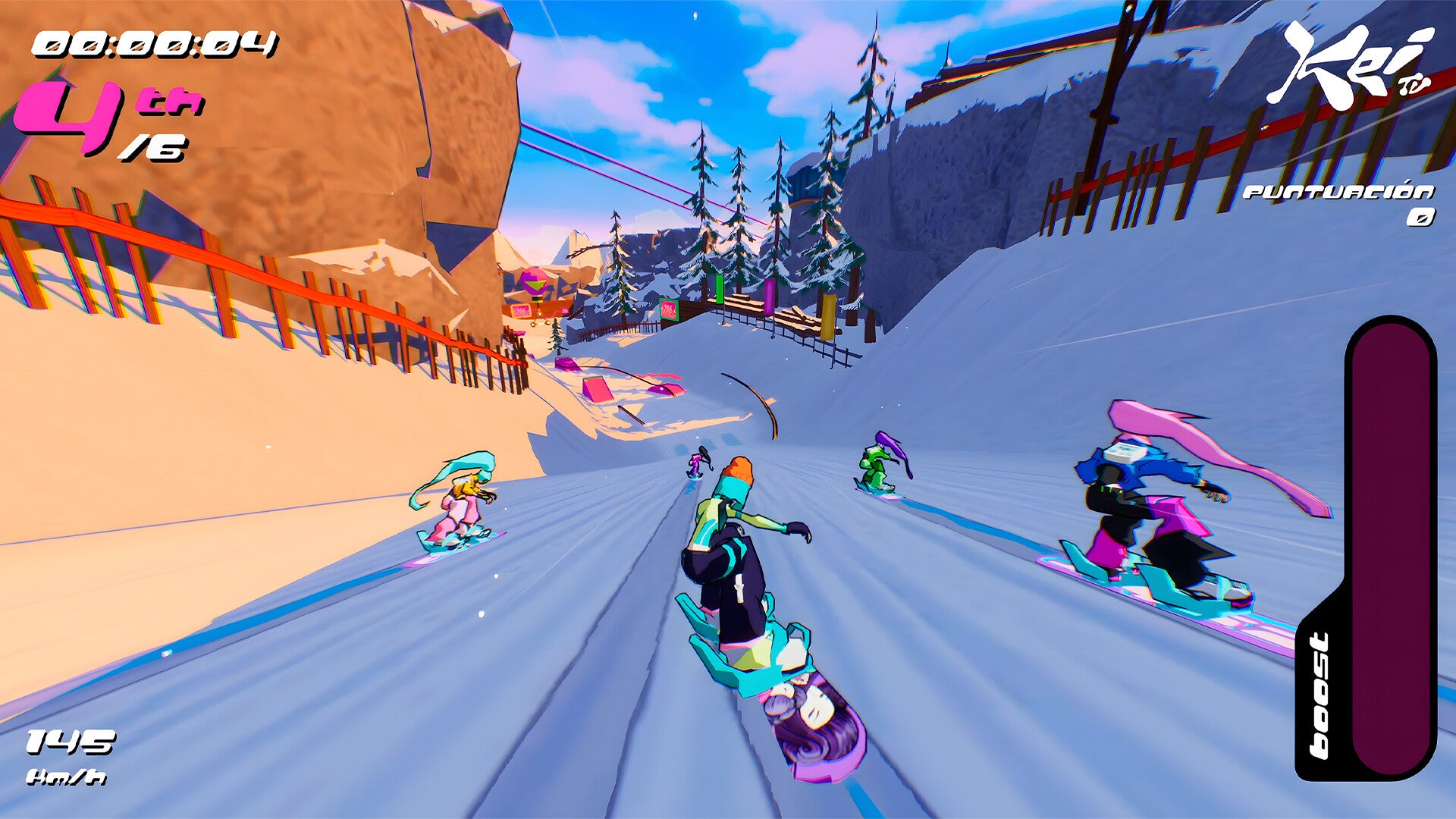 A snowboarding race in progress from HYPERyuki, with four boarders in pink, black and blue gear speeding down a slope towards a curve in the course.