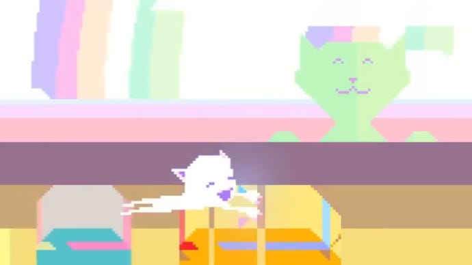 A cartoon cat clings onto the back of a polygonal car as it speeds across a rainbow covered highway