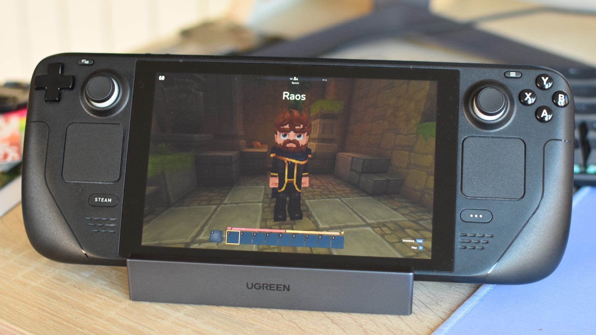 Meeting another player in Hytale multiplayer, shown running on a Steam Deck. - 4